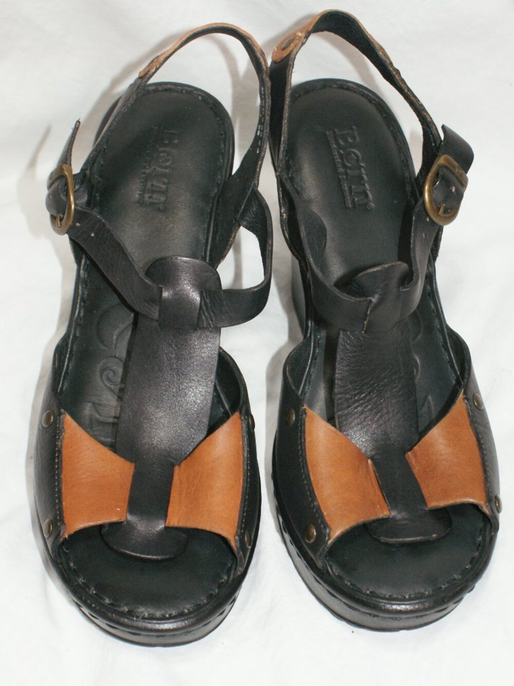 Born Leather Wedge 2-Tone Platform Sandals - Black & Tan - Size 8 - BRAND NEW